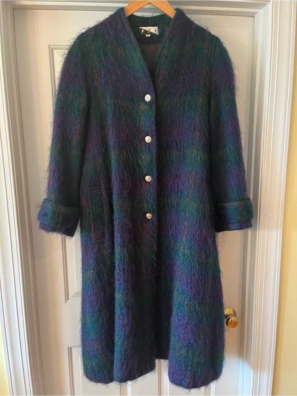 Vintage Multicolor Mohair Coat - Brand - deep purple and green tones, 1990s.